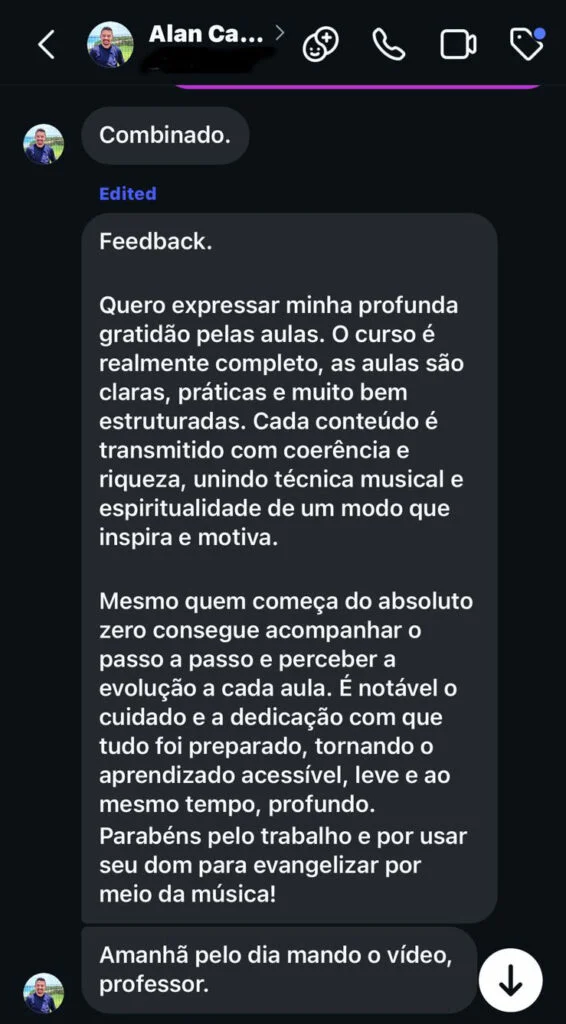 Mensagem de Alan Cardoso contando sua experiência com o curso