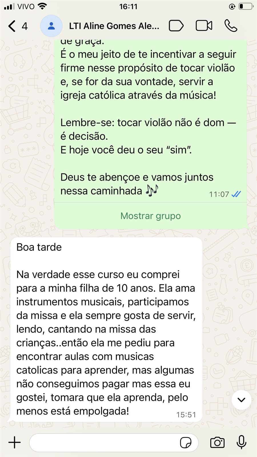 Depoimento de Aline sobre a experiência da filha com as aulas